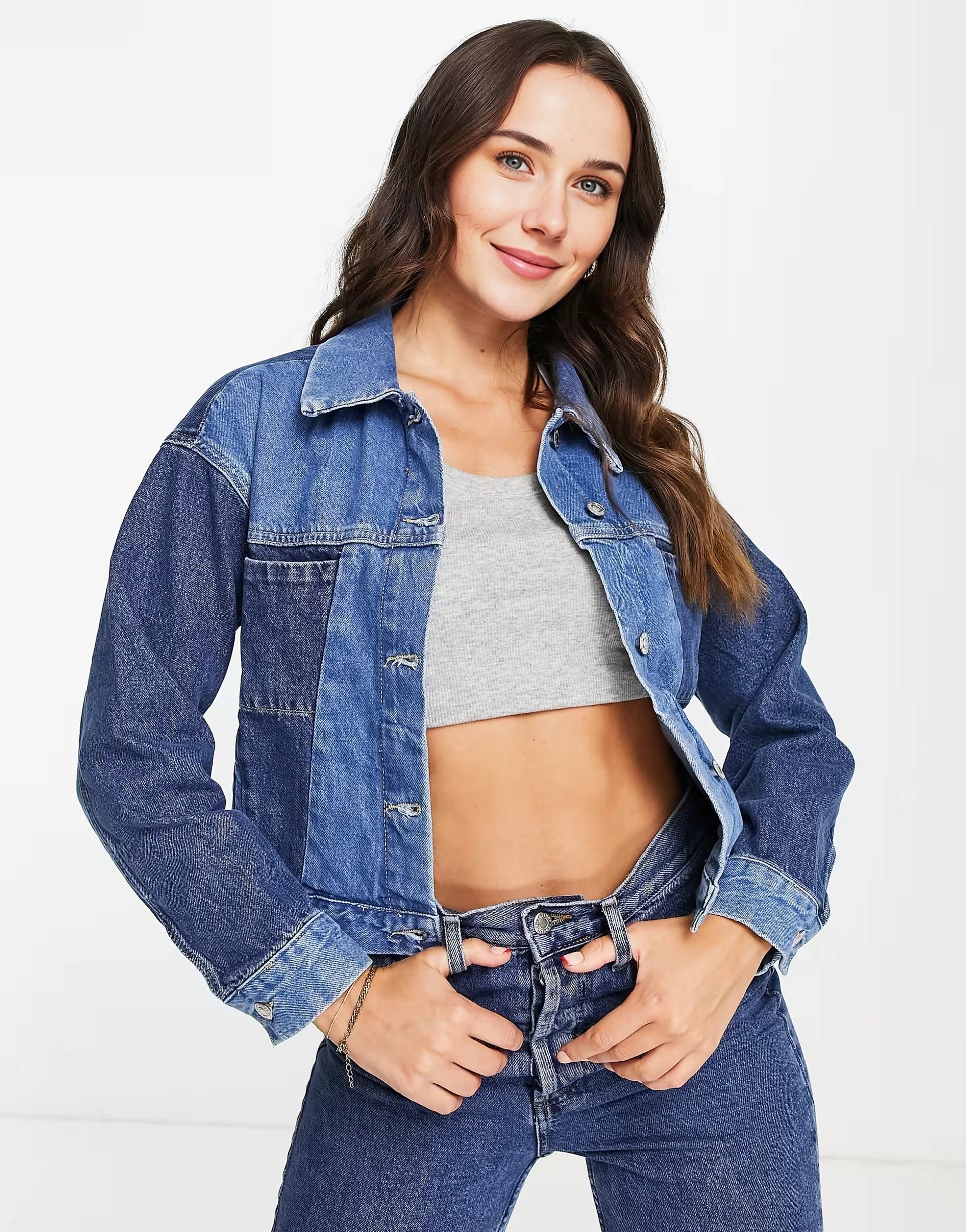 Womens Mango Patchword Denim Jacket in Blue