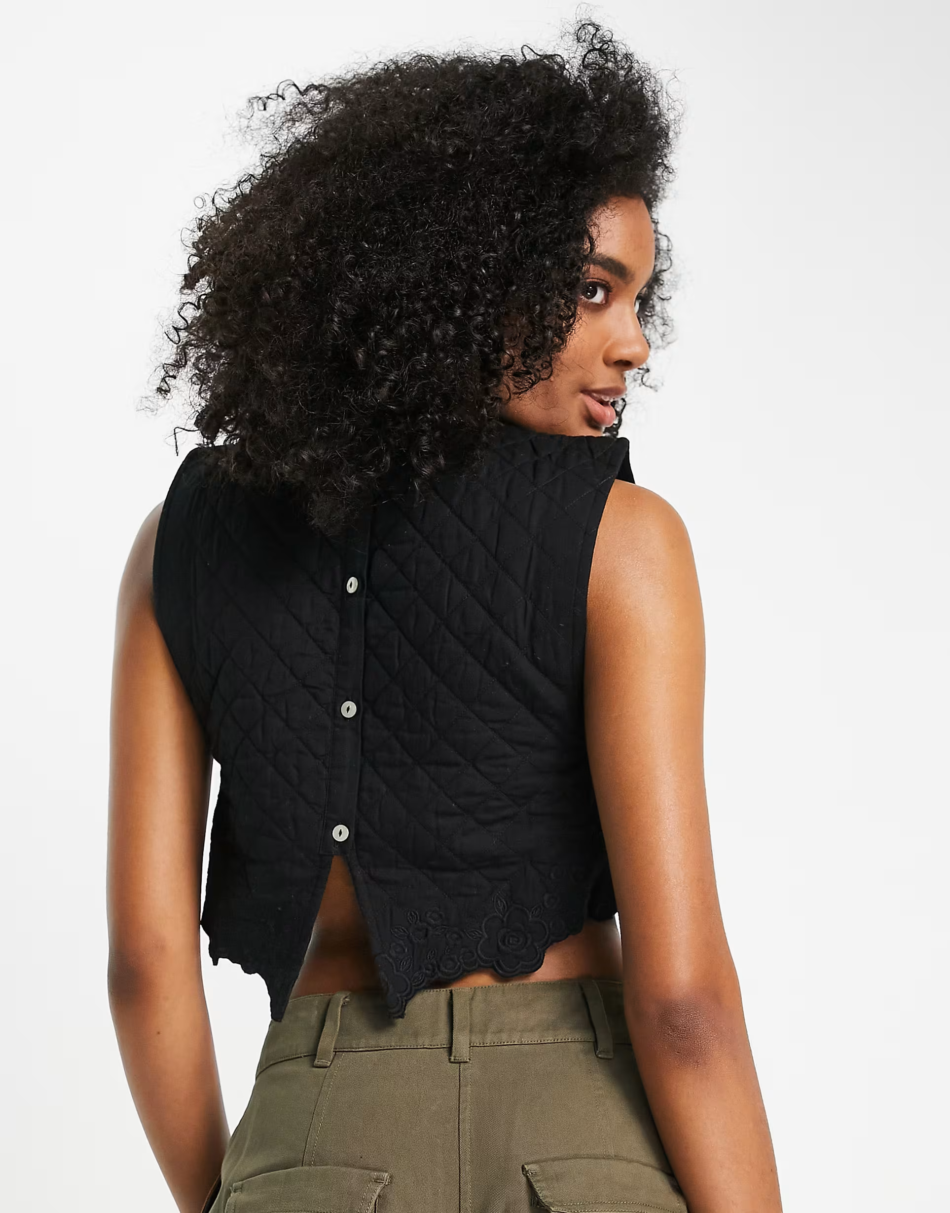 Mango Womens Button Back Quilted Crop Vest With Flower Detail In Black