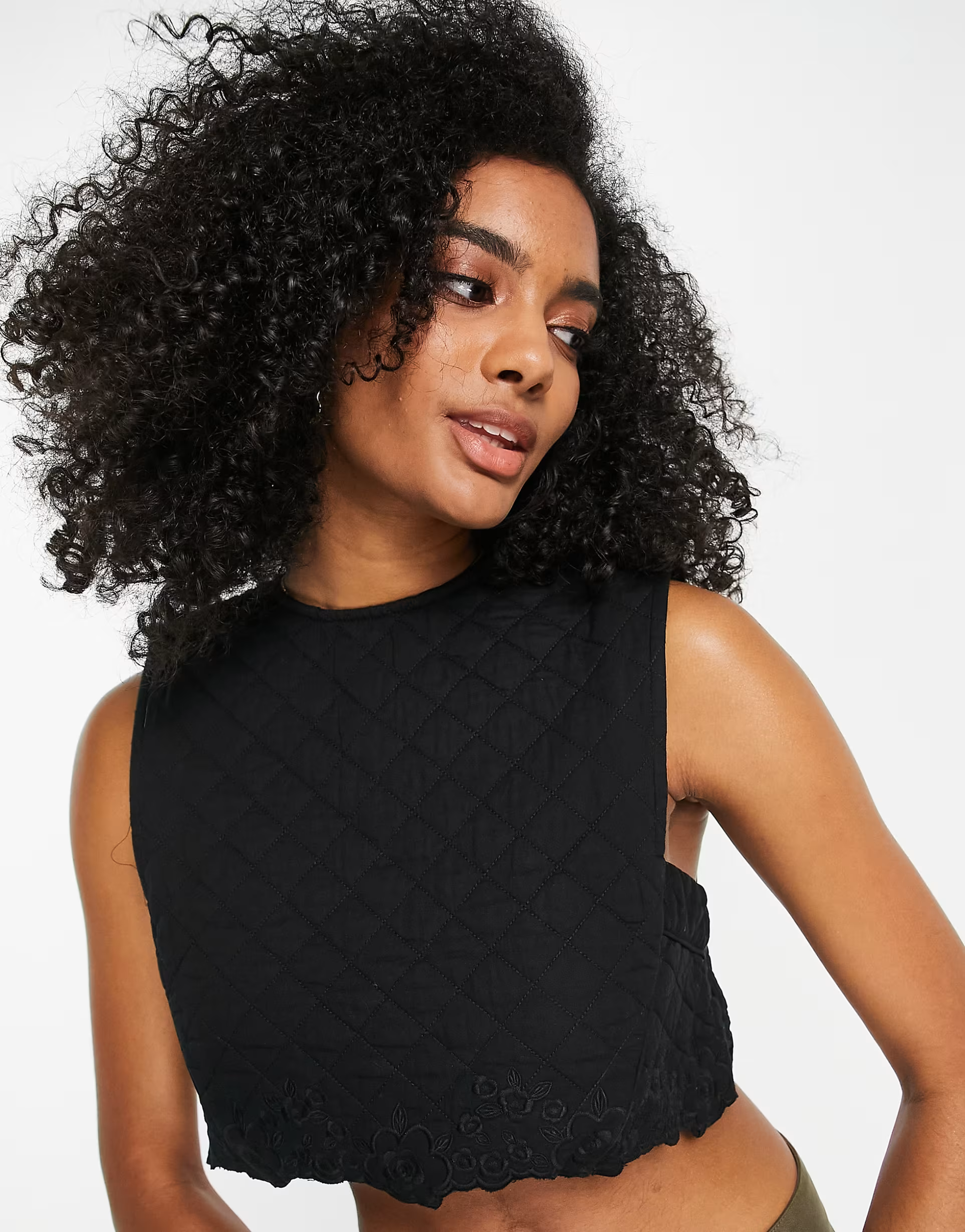 Mango Womens Button Back Quilted Crop Vest With Flower Detail In Black