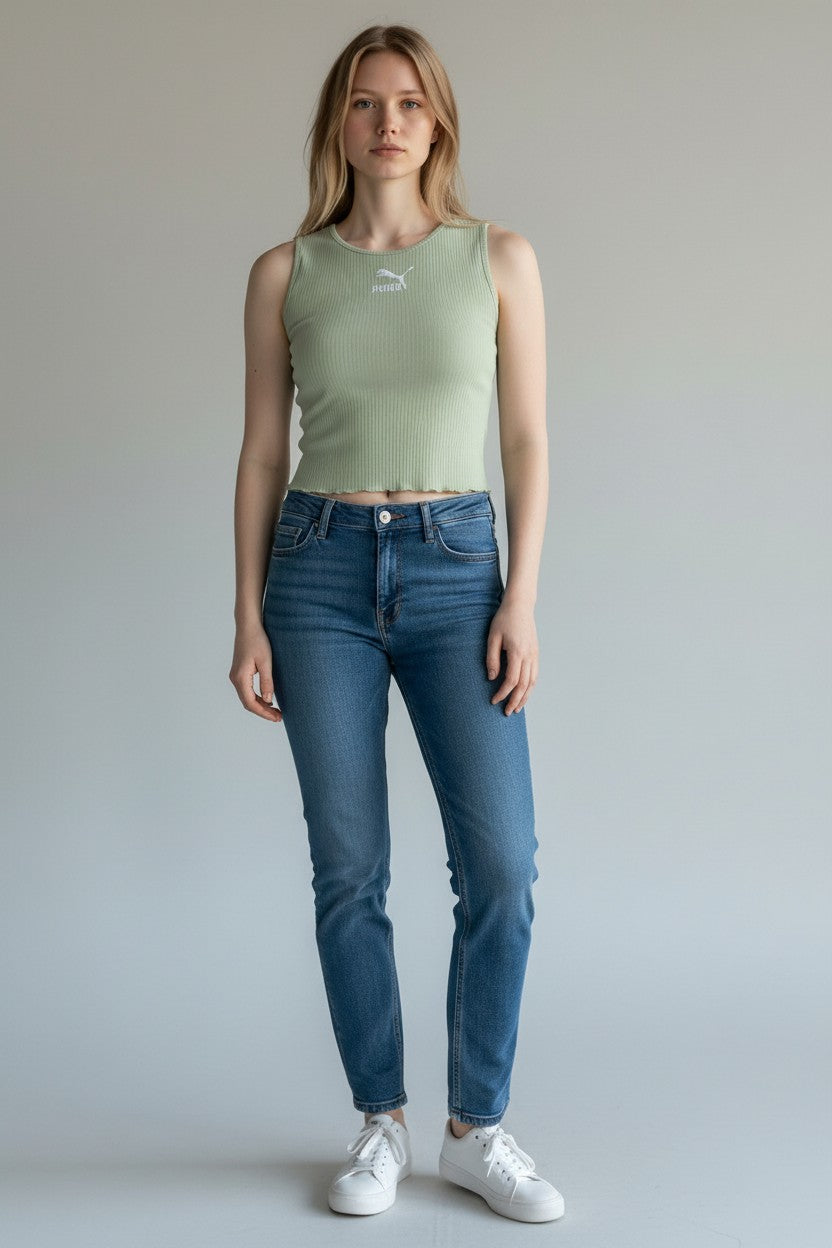 Puma Womens Lime Green Classics Lettuce Hem Crop Tank Top