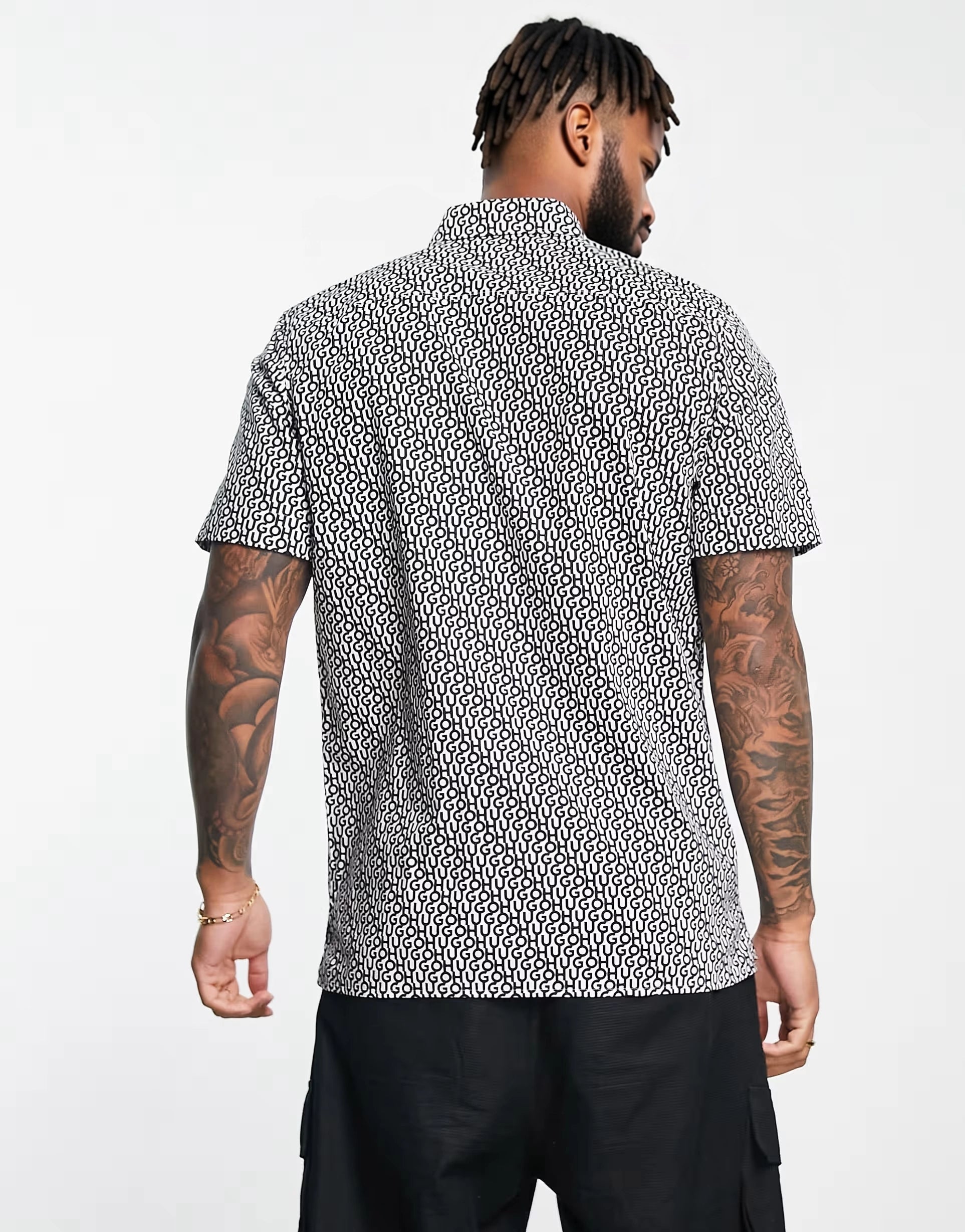 HUGO Mens Ebor All Over Logo Print Short Sleeve Shirt In White