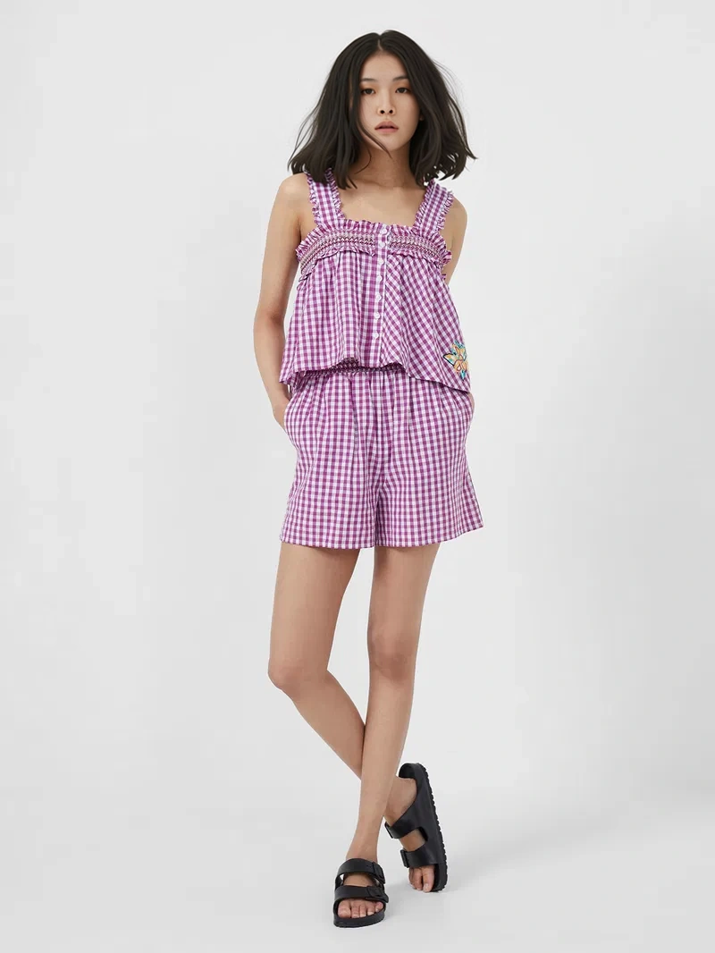 French Connection Womens Cotton Square Neck Smock Top in Purple Gingham Co-Ord