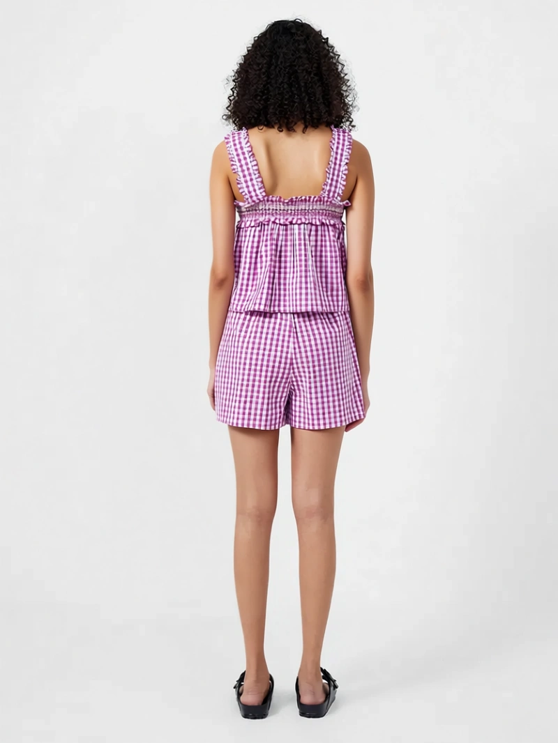 French Connection Womens Cotton Square Neck Smock Top in Purple Gingham Co-Ord