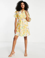 French Connection Womens Cotton Mini Shirt Dress With Tie Waist in Yellow Floral