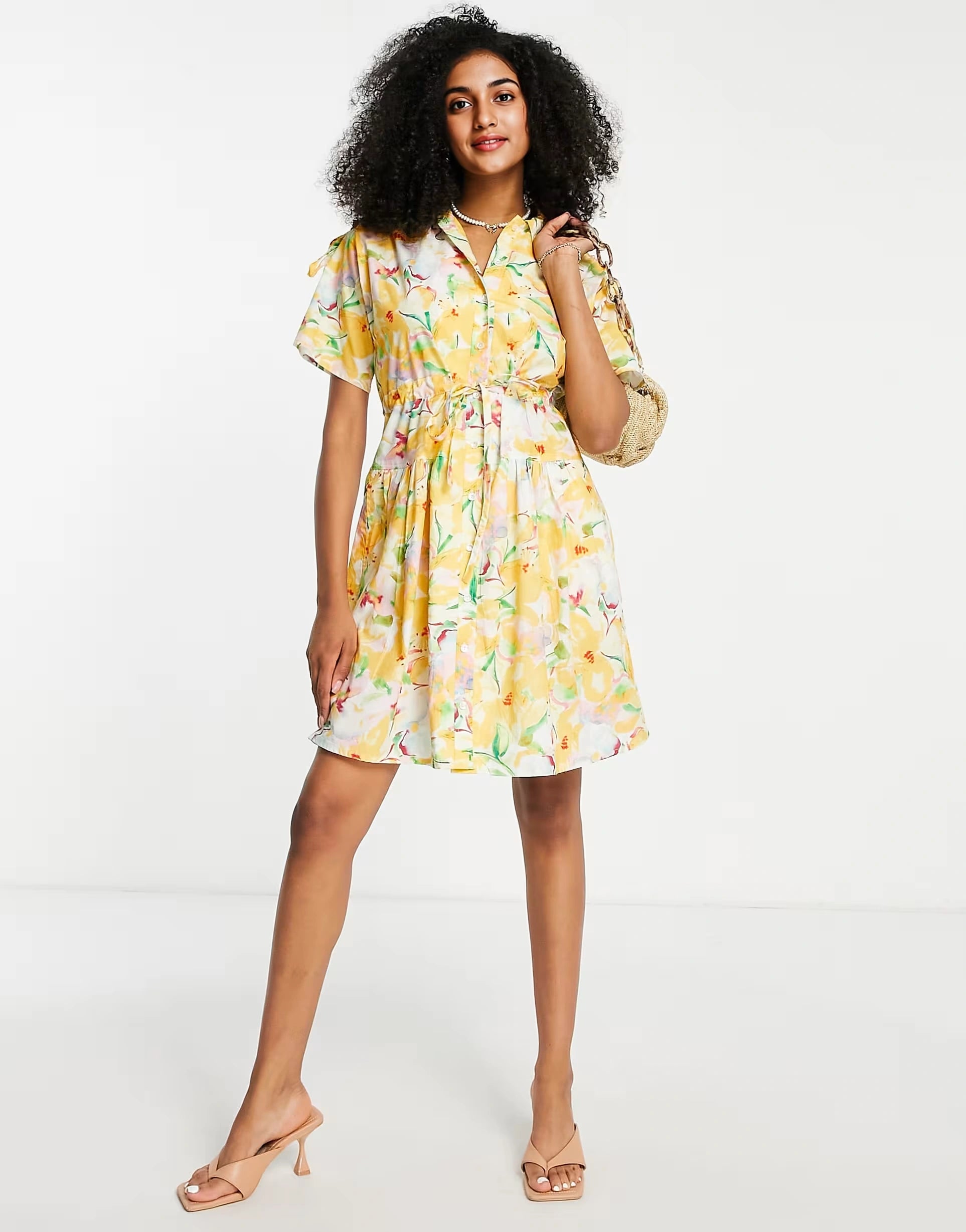 French Connection Womens Cotton Mini Shirt Dress With Tie Waist in Yellow Floral