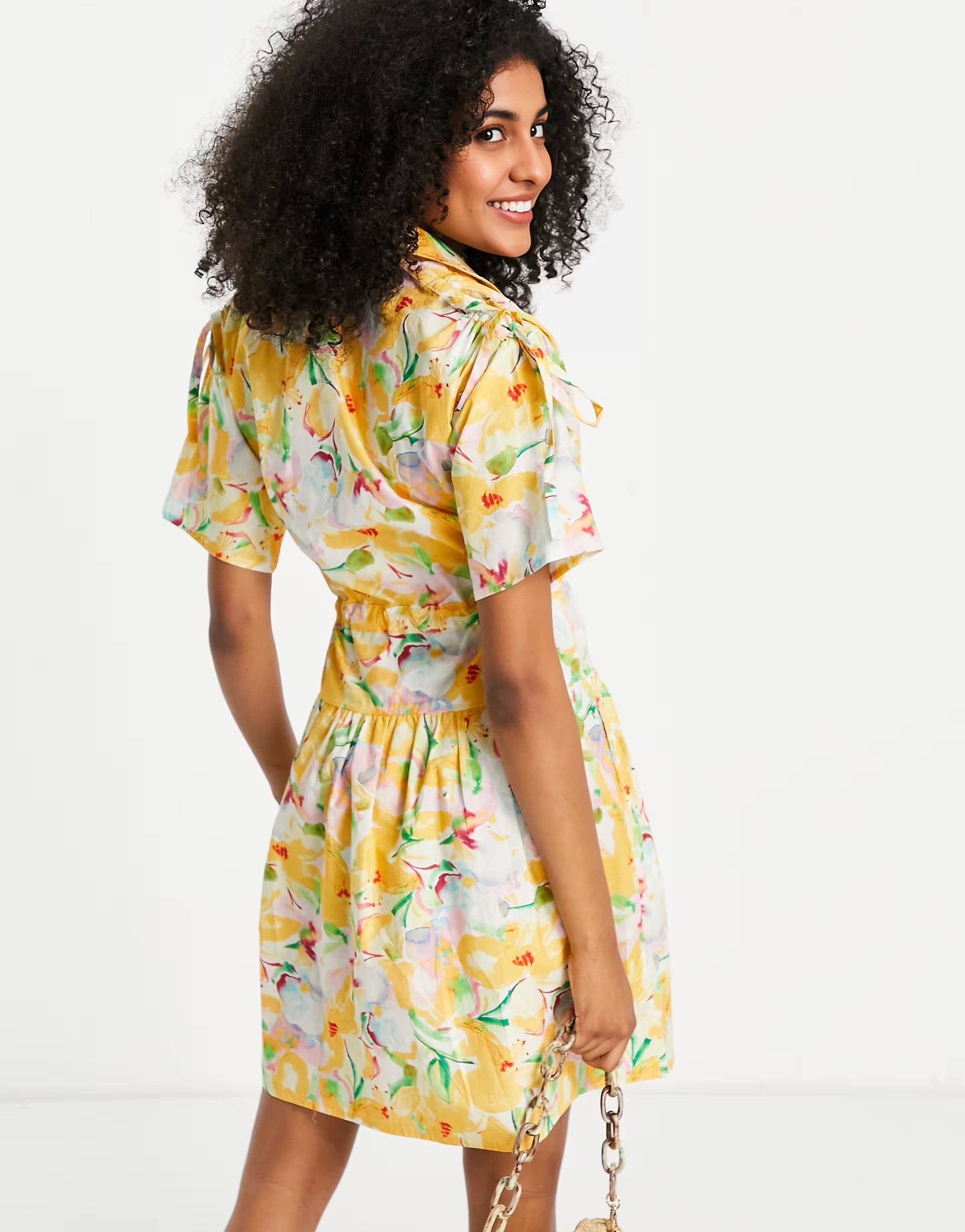 French Connection Womens Cotton Mini Shirt Dress With Tie Waist in Yellow Floral
