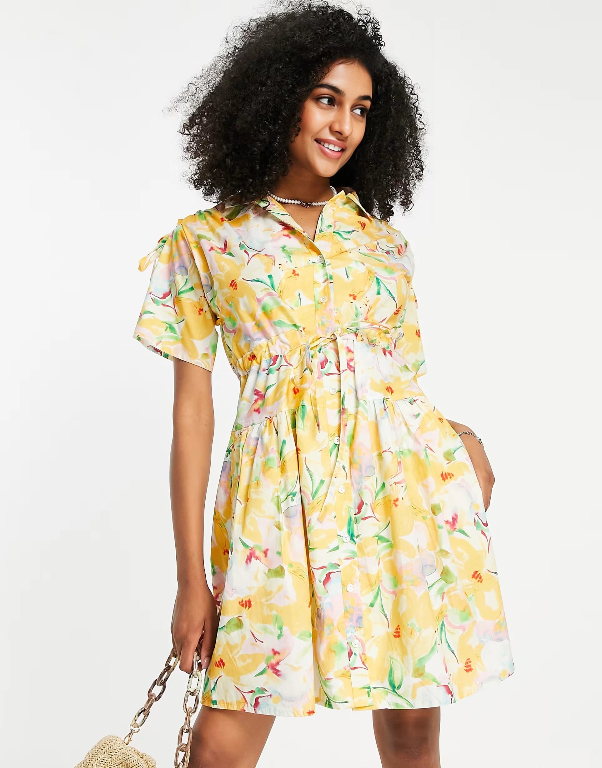 French Connection Womens Cotton Mini Shirt Dress With Tie Waist in Yellow Floral