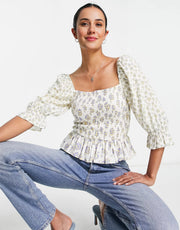 French Connection Womens Square Neck Smocked Top in Tonal Floral