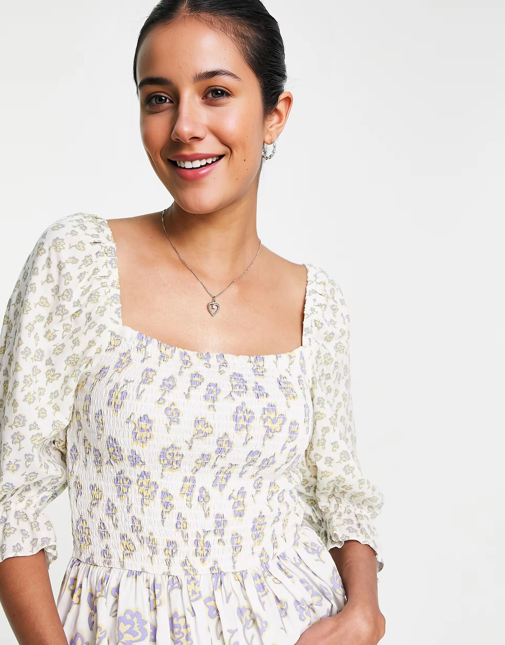 French Connection Womens Square Neck Smocked Top in Tonal Floral