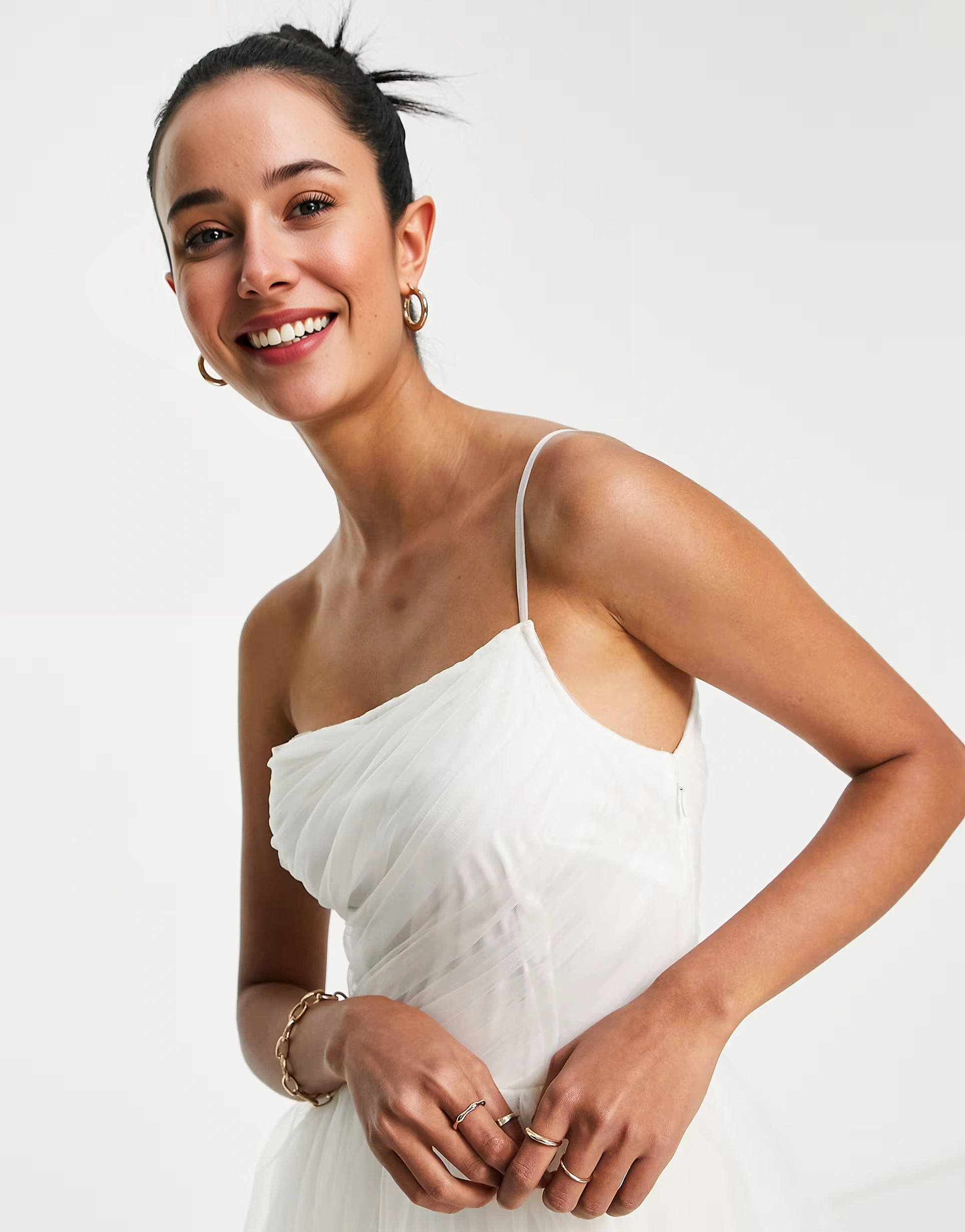Lace & Beads Womens Bridal Asymmetric Bust Maxi In White