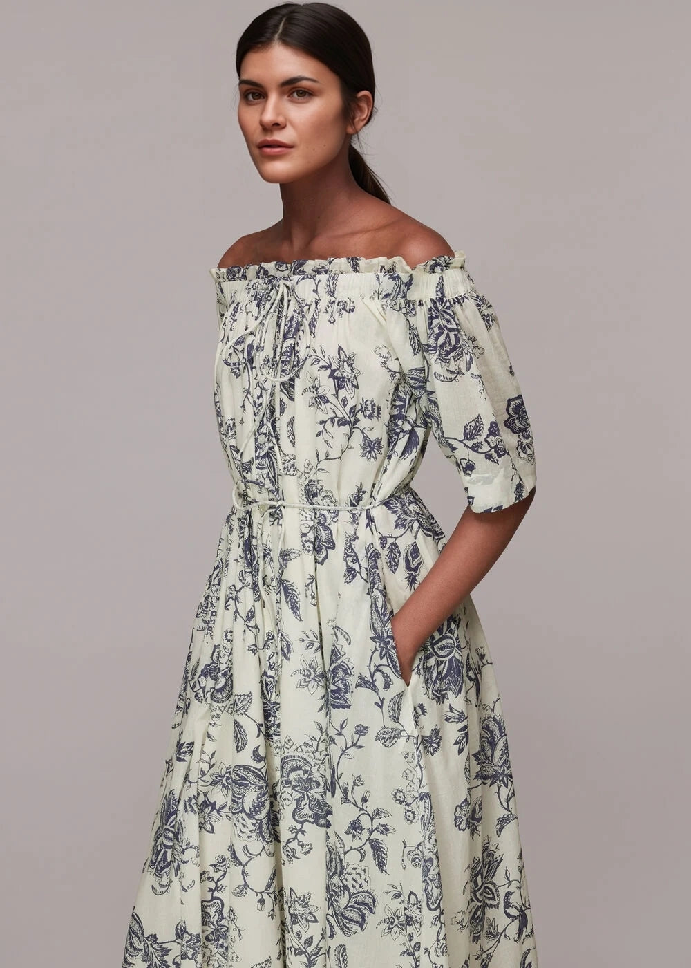 Whistles Womens Cotton Off The Shoulder Maxi Dress in Botantical Print In White