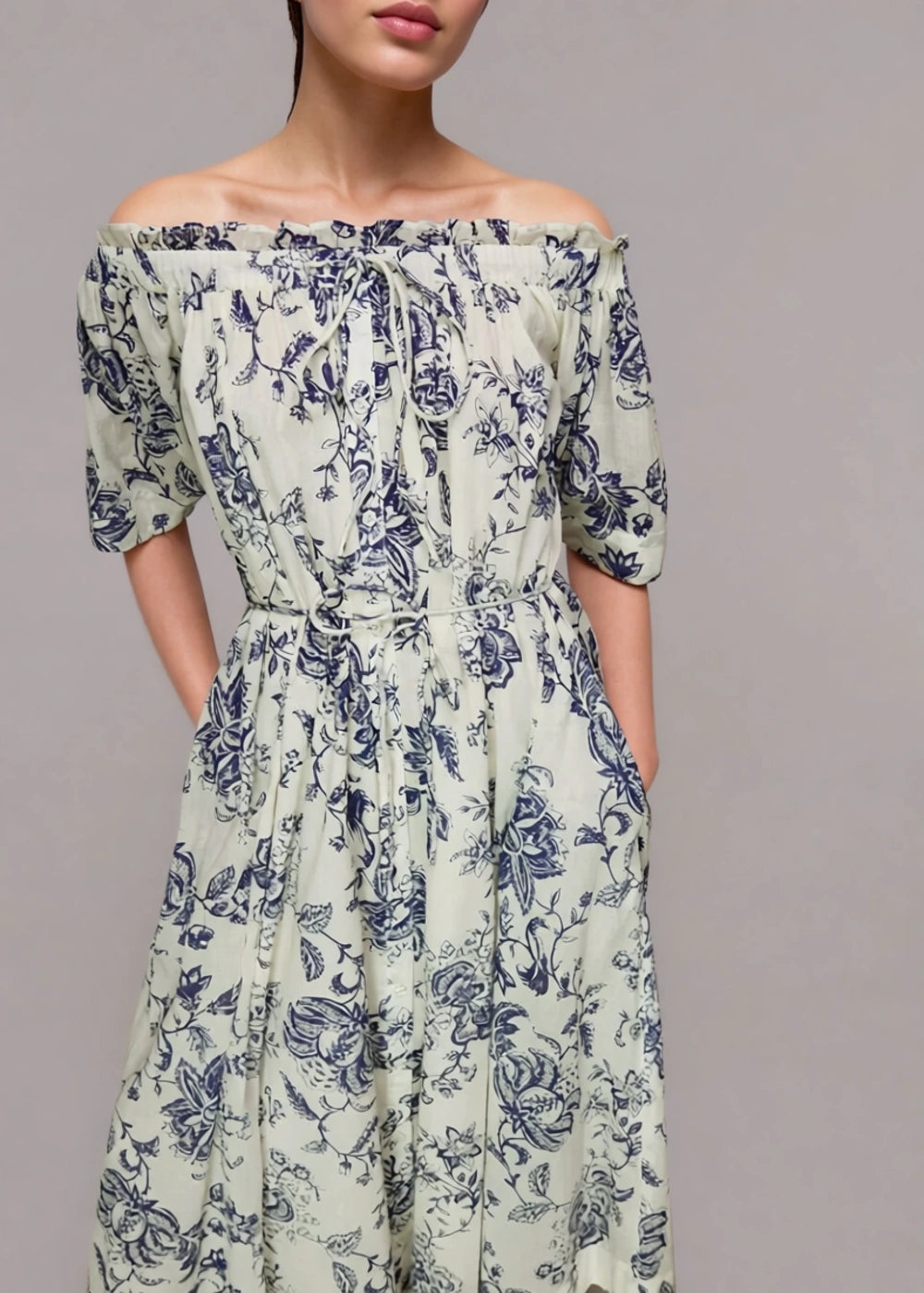 Whistles Womens Cotton Off The Shoulder Maxi Dress in Botantical Print In White