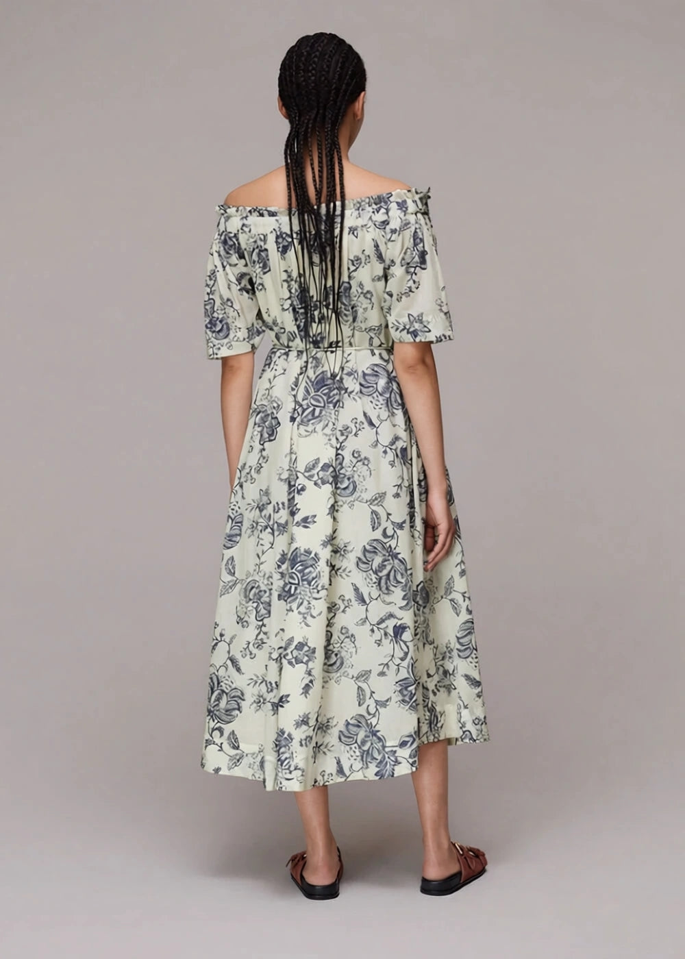 Whistles Womens Cotton Off The Shoulder Maxi Dress in Botantical Print In White
