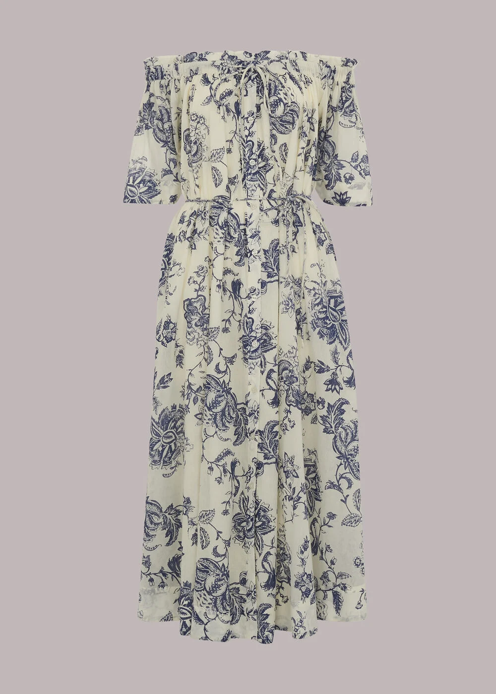Whistles Womens Cotton Off The Shoulder Maxi Dress in Botantical Print In White