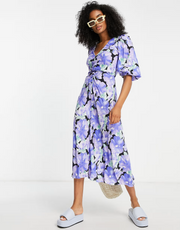 Mango Womens Ruched Front Puff Sleeve Midi Dress In Multi