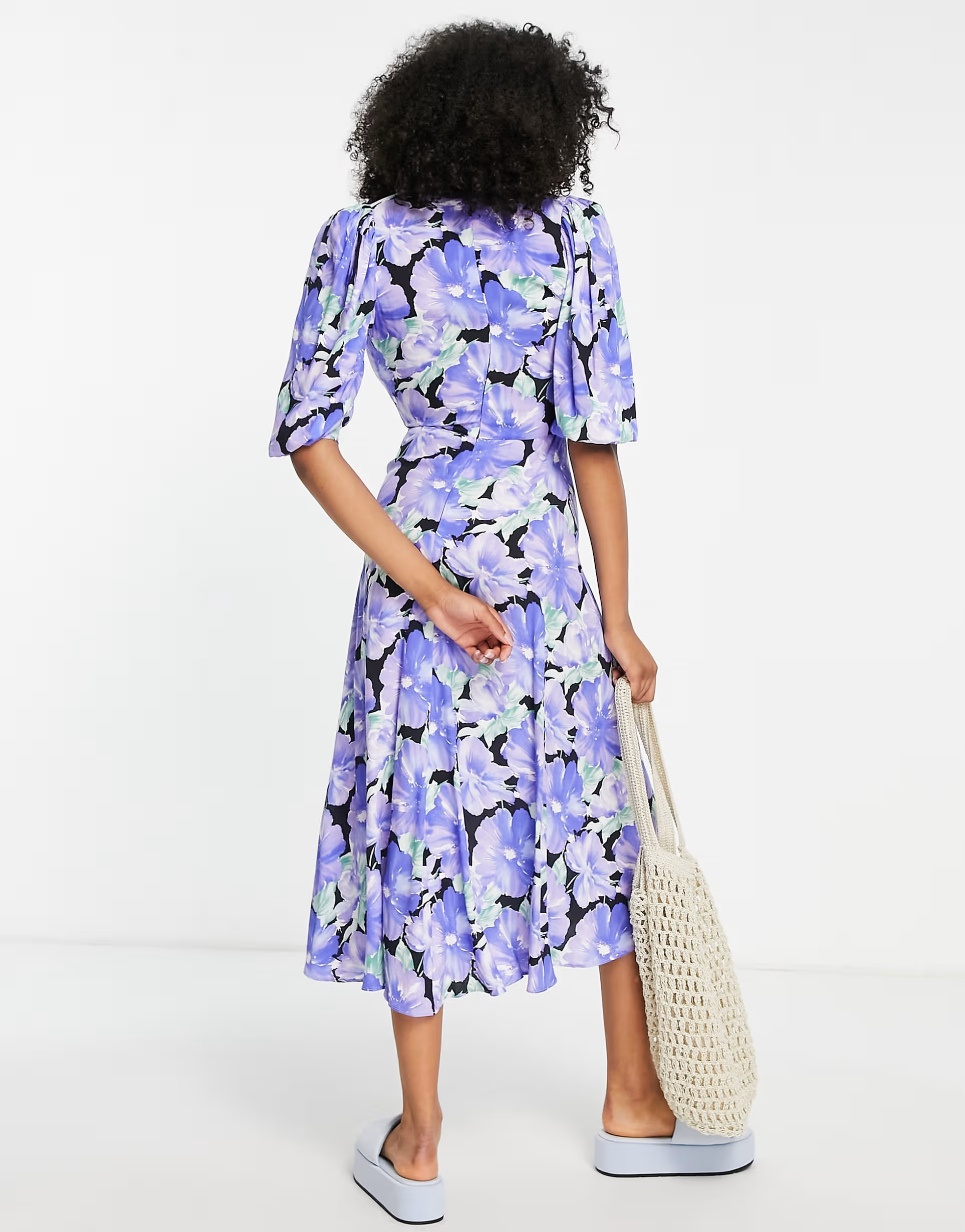 Mango Womens Ruched Front Puff Sleeve Midi Dress In Multi