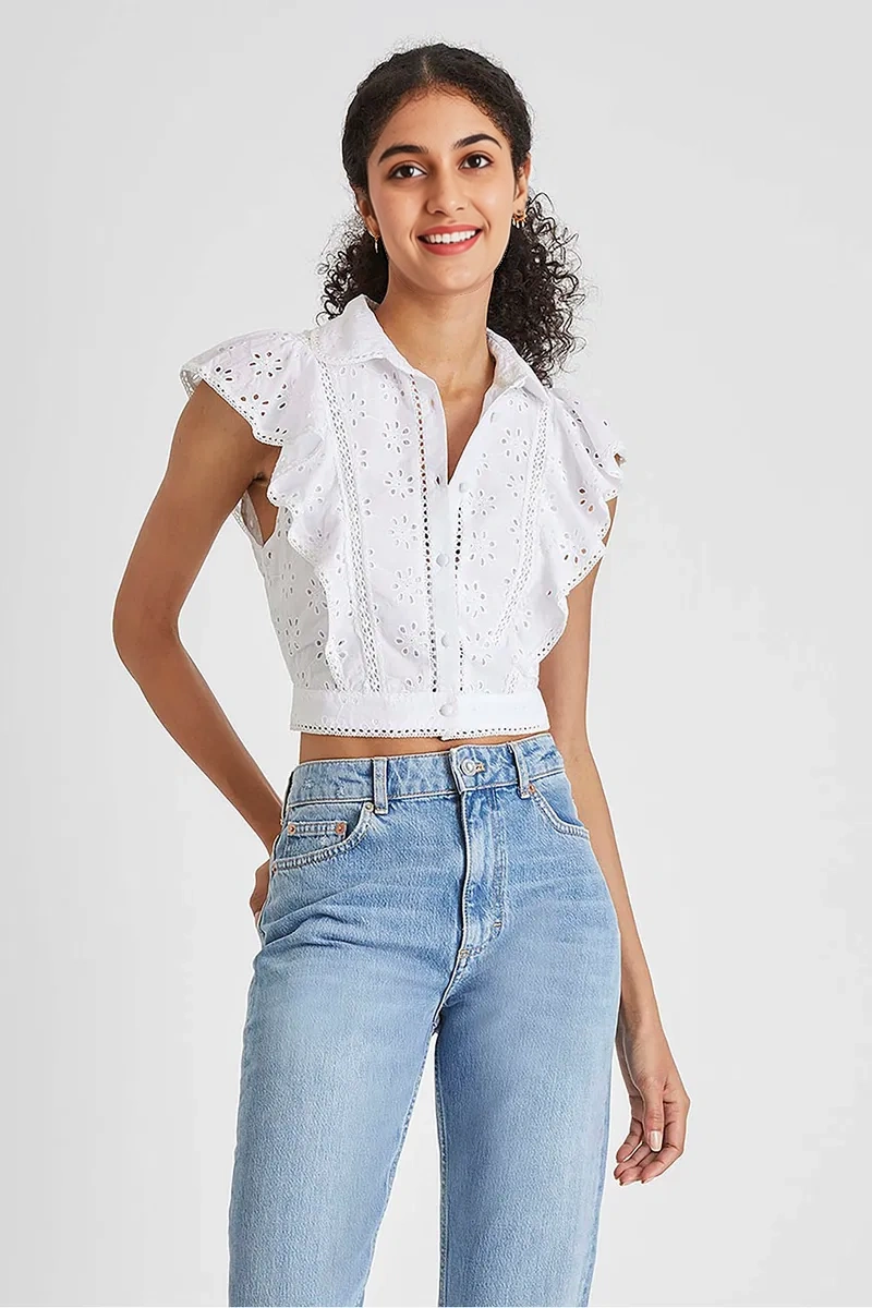 French Connection Womens Duna Lawn Broderie Anglaise Cropped Top In White
