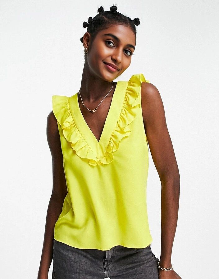 French Connection Womens Crepe Light V Neck Ruffle In Yellow