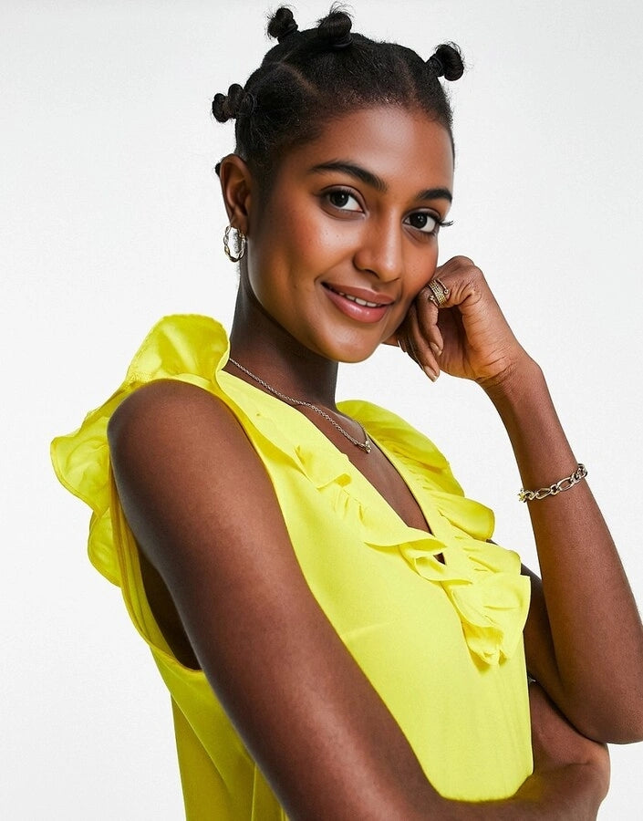 French Connection Womens Crepe Light V Neck Ruffle In Yellow
