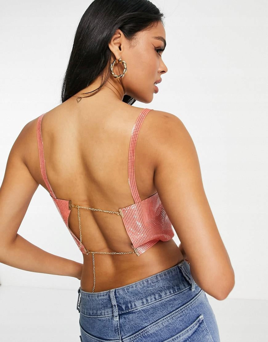 Femme Luxe Womens Chain Mail Strappy Crop Top In Orange