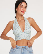 Motel Womens Halter Neck Frop Top In Lime Ditsy Floral