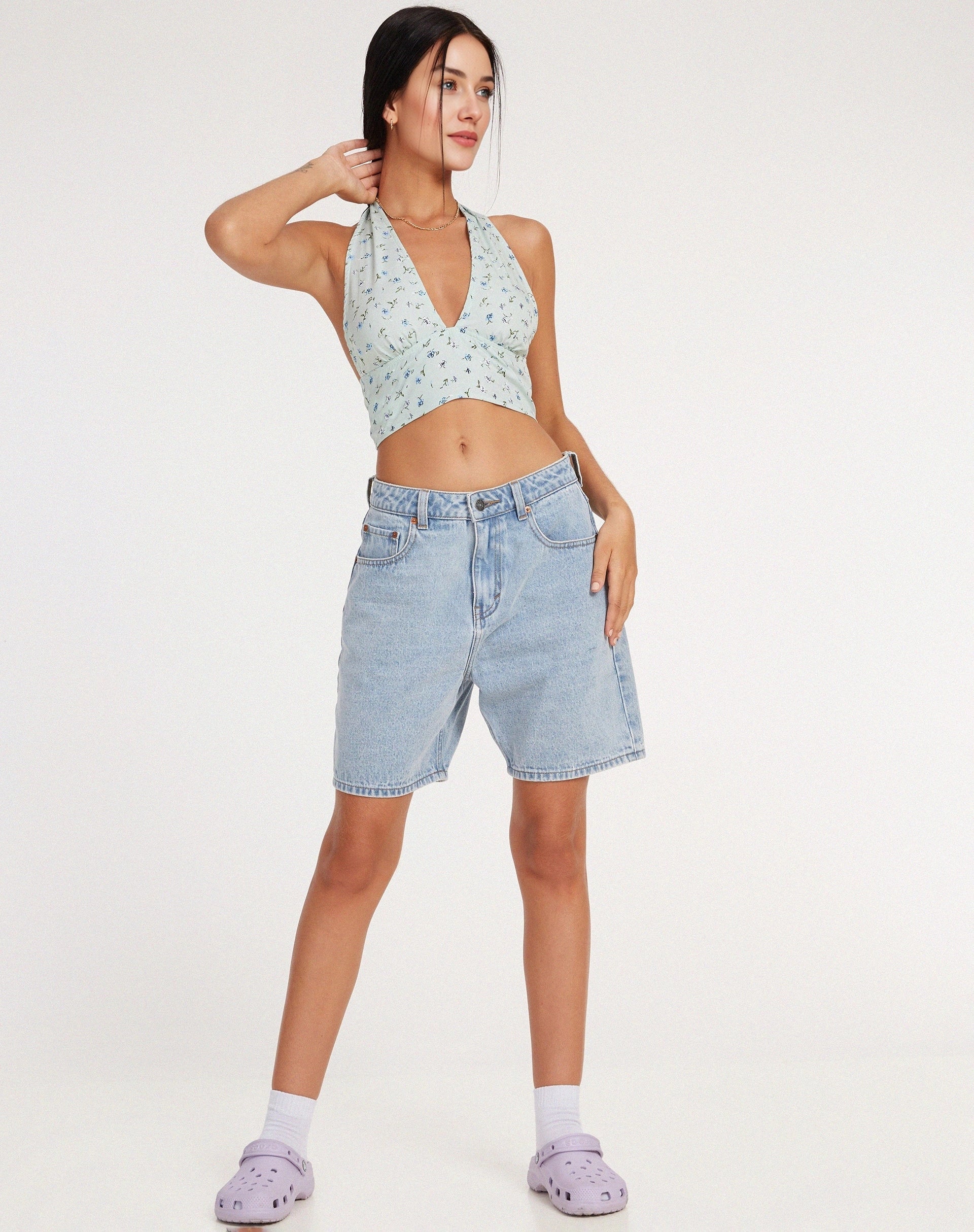 Motel Womens Halter Neck Frop Top In Lime Ditsy Floral