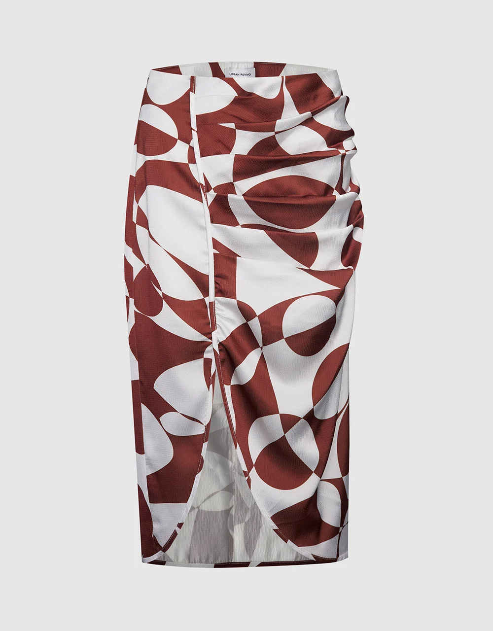 Urban Revivo Womens Ruched Detail Midi Skirt in Brown Checkerboard Print