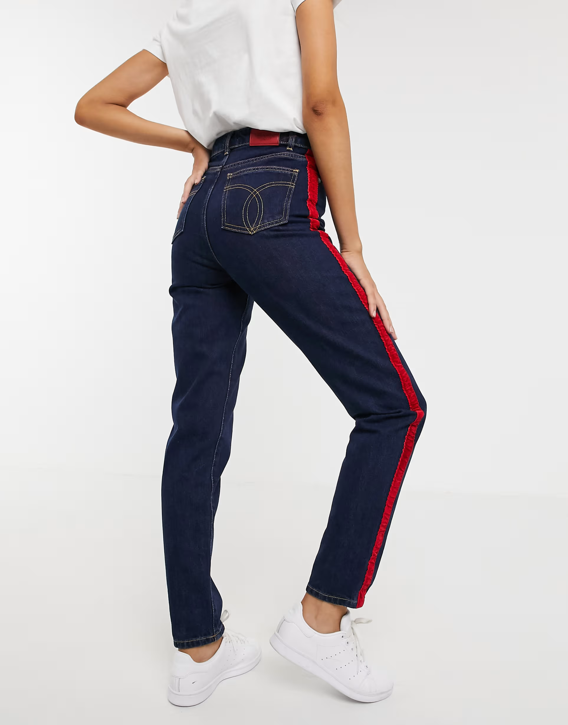 Fiorucci Womens Slouchy Mom Dark Wash Jean With Velvet Logo Tape