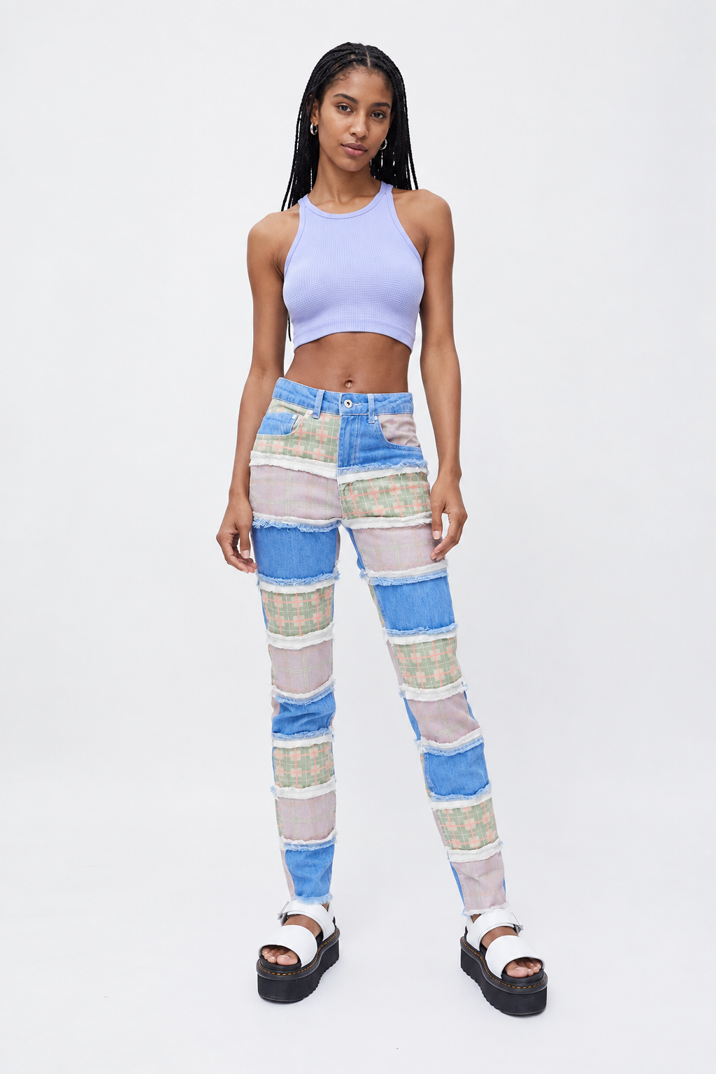 The Ragged Priest Womens High Waisted Mom Jeans in Blue Patchwork