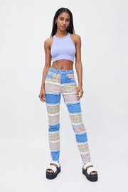 The Ragged Priest Womens High Waisted Mom Jeans in Blue Patchwork