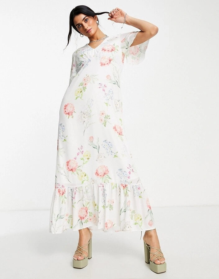 Womens Twisted Wunder Flutter Sleeve Maxi Tea Dress In Botanical Floral