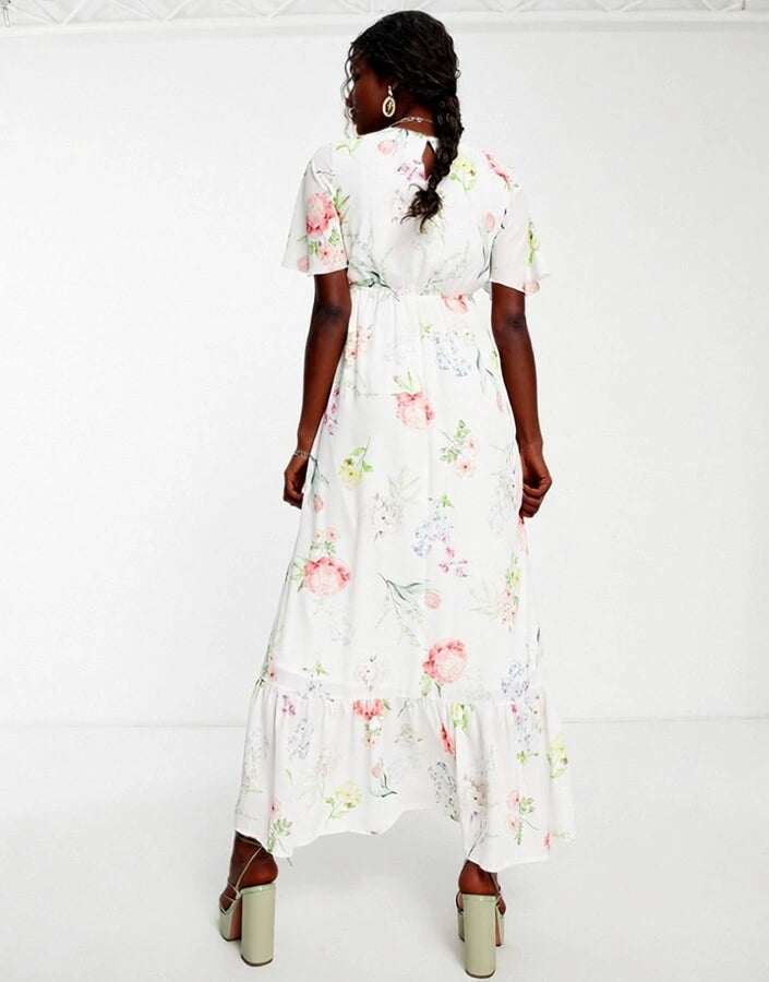 Womens Twisted Wunder Flutter Sleeve Maxi Tea Dress In Botanical Floral