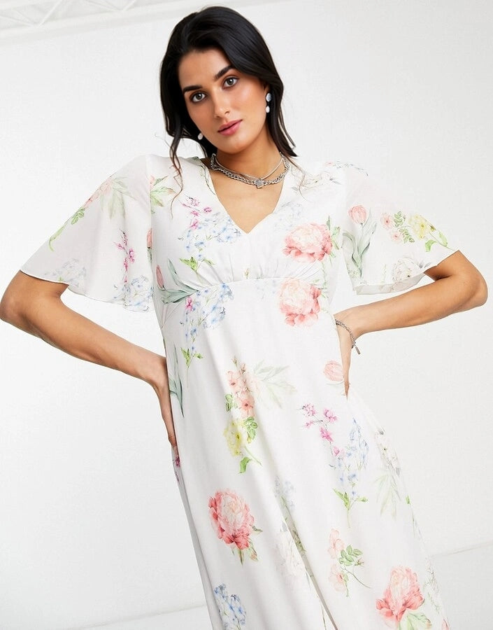 Womens Twisted Wunder Flutter Sleeve Maxi Tea Dress In Botanical Floral