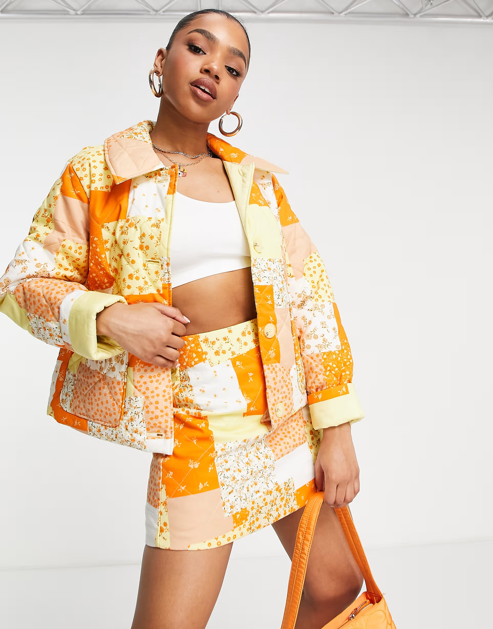 Monki Womens Co-Ord Quilted Skirt in Orange Patchwork