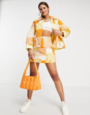 Monki Womens Co-Ord Quilted Jacket in Orange Patchwork