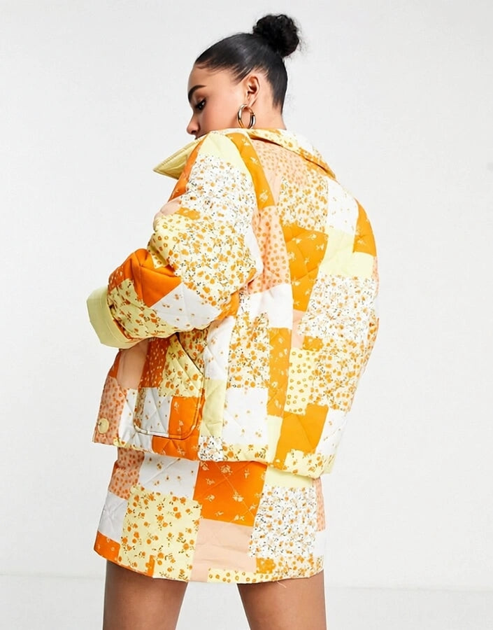 Monki Womens Co-Ord Quilted Jacket in Orange Patchwork