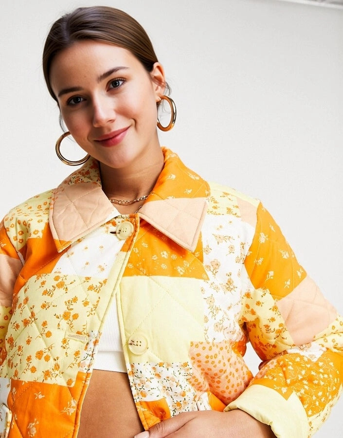 Monki Womens Co-Ord Quilted Jacket in Orange Patchwork