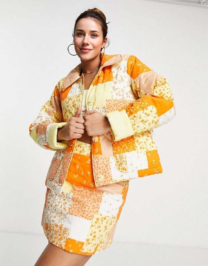 Monki Womens Co-Ord Quilted Jacket in Orange Patchwork