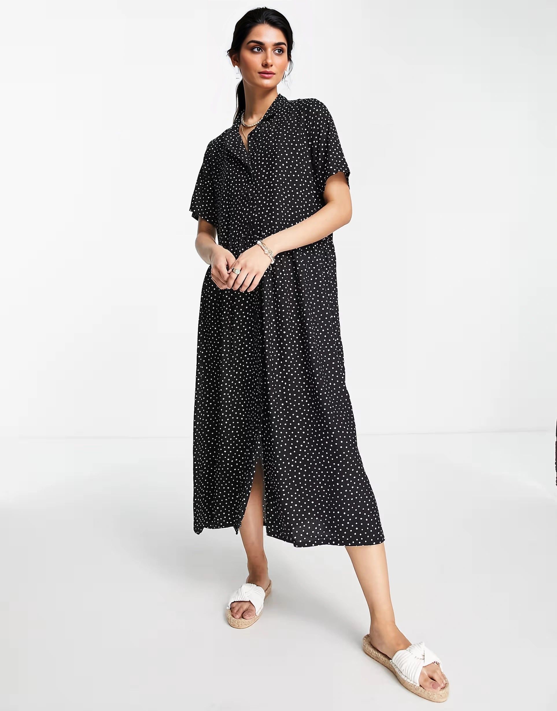 Womens Monki Spot Print Midi Shirt Dress In Black