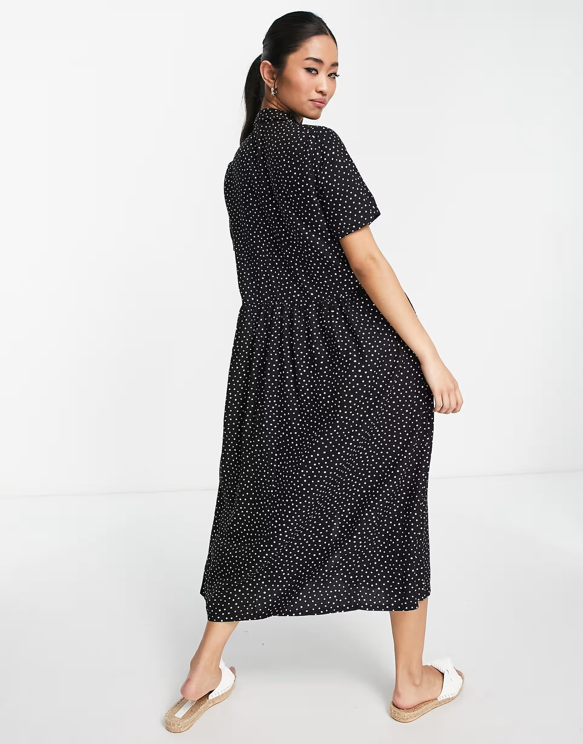 Womens Monki Spot Print Midi Shirt Dress In Black