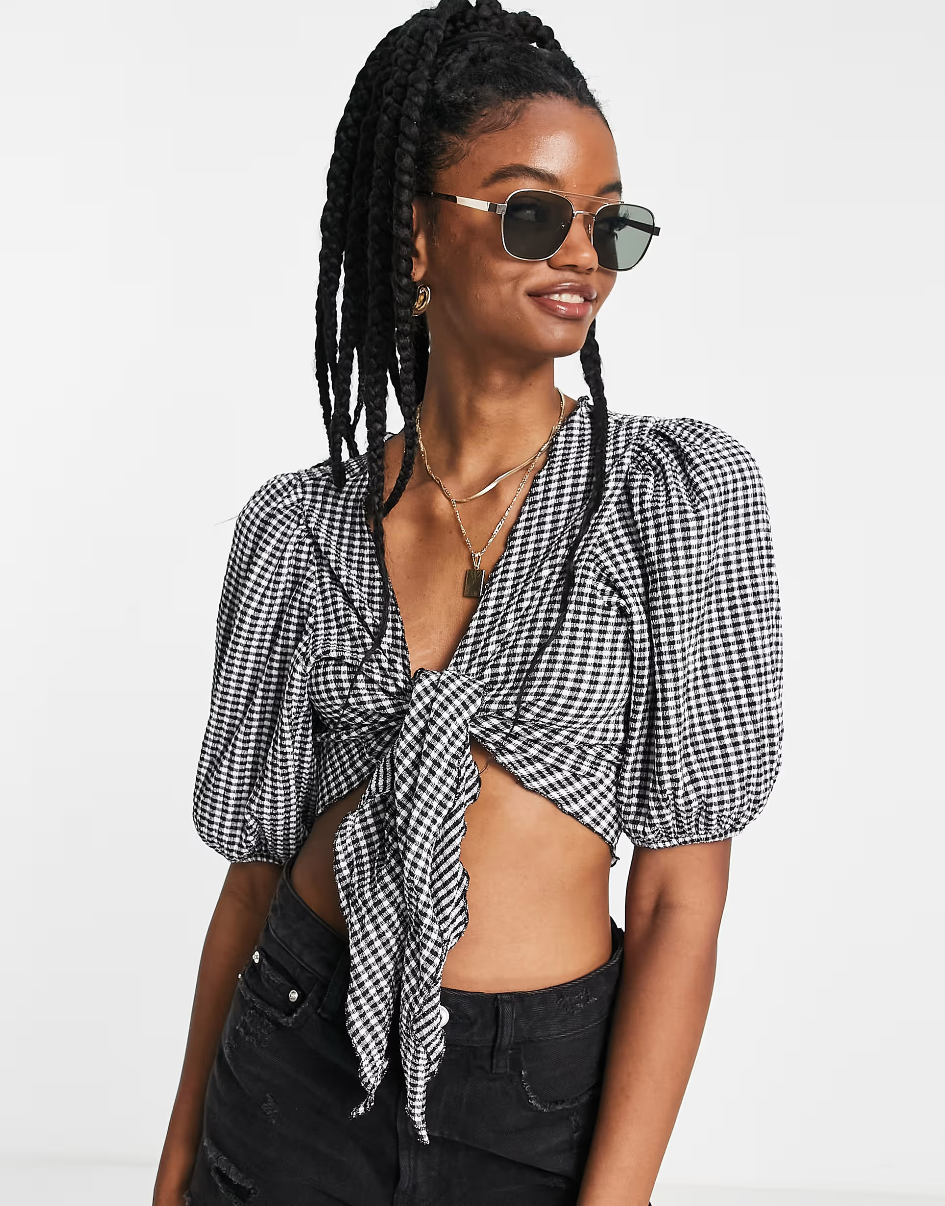 Monki Womens Tie Front Top in Black And White Gingham Print