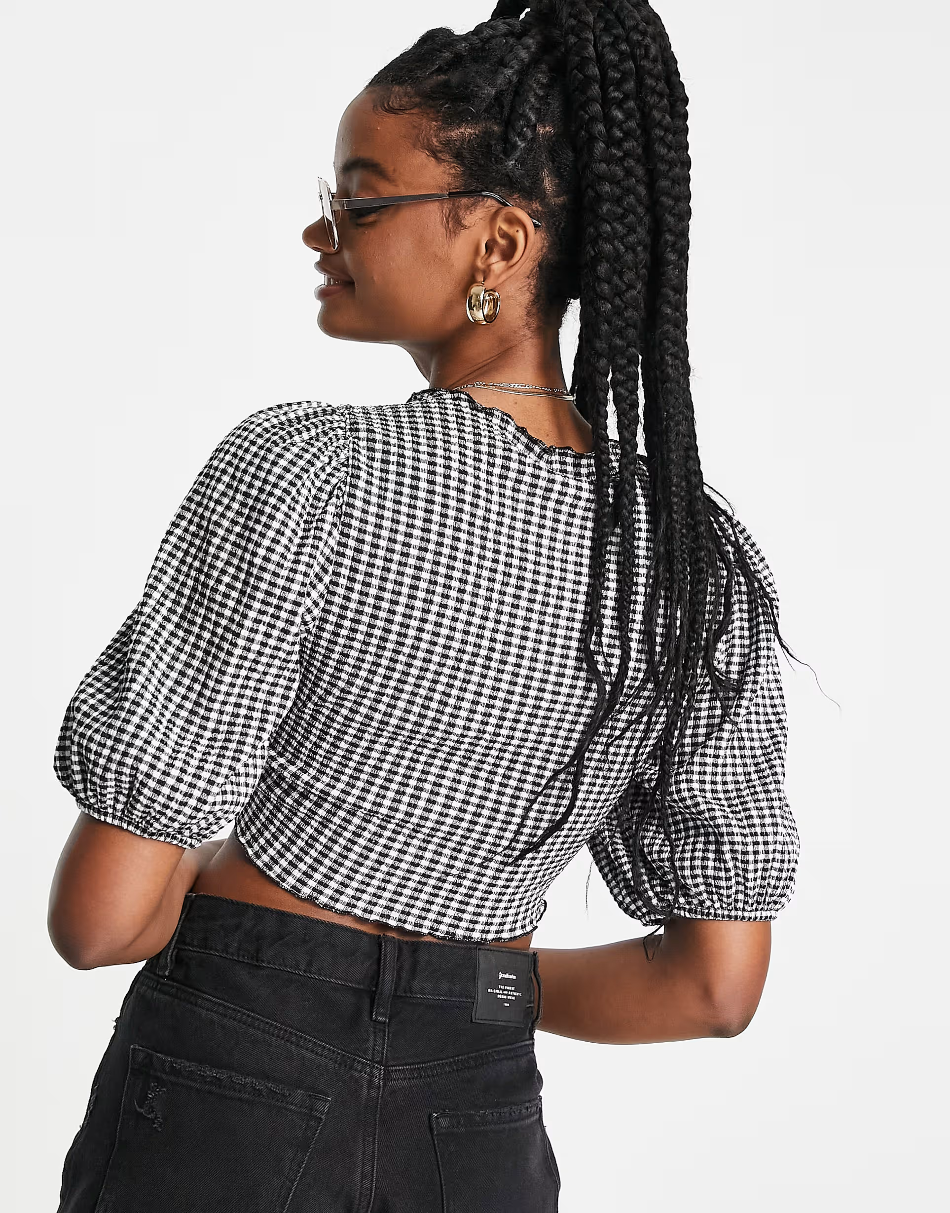 Monki Womens Tie Front Top in Black And White Gingham Print