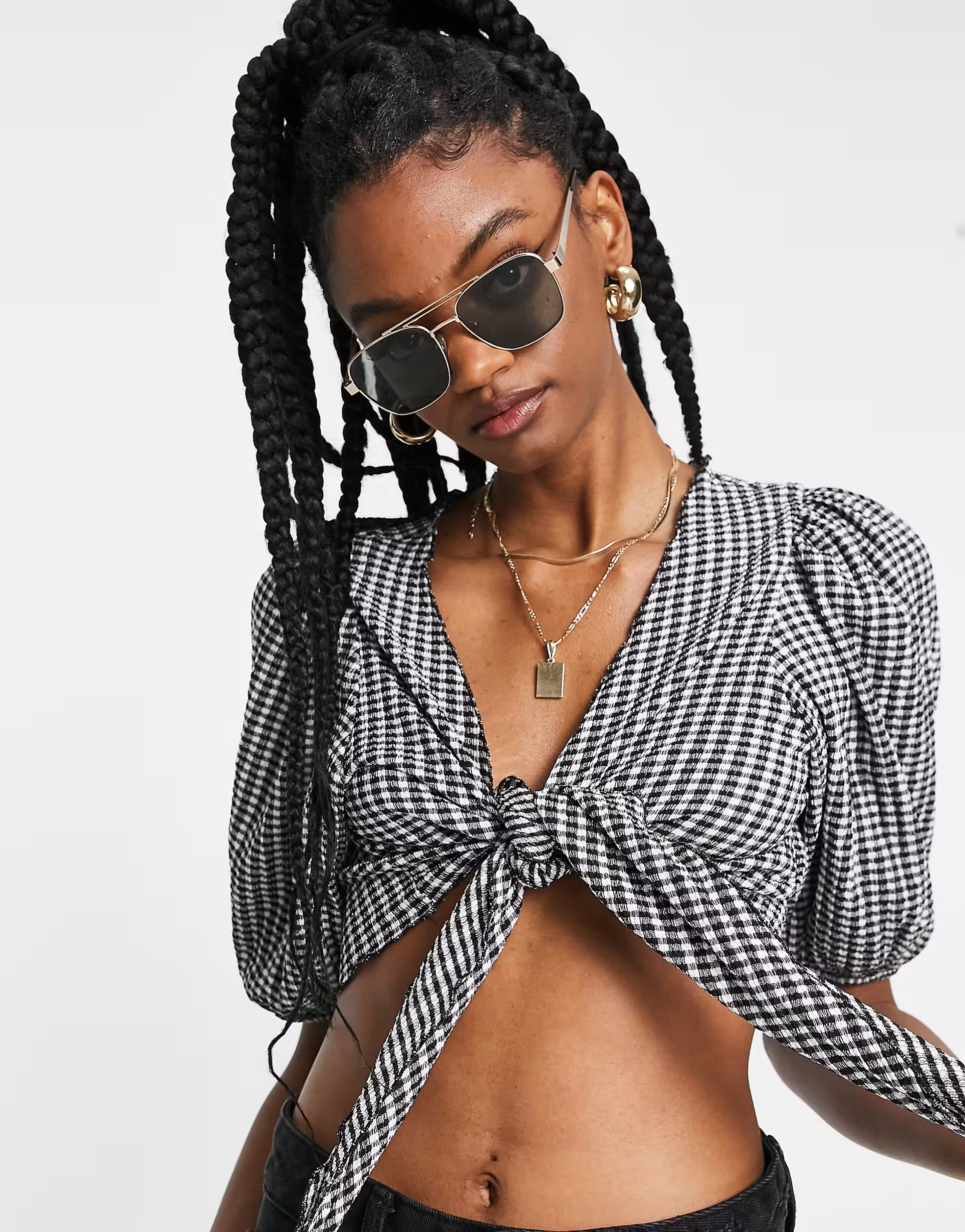 Monki Womens Tie Front Top in Black And White Gingham Print