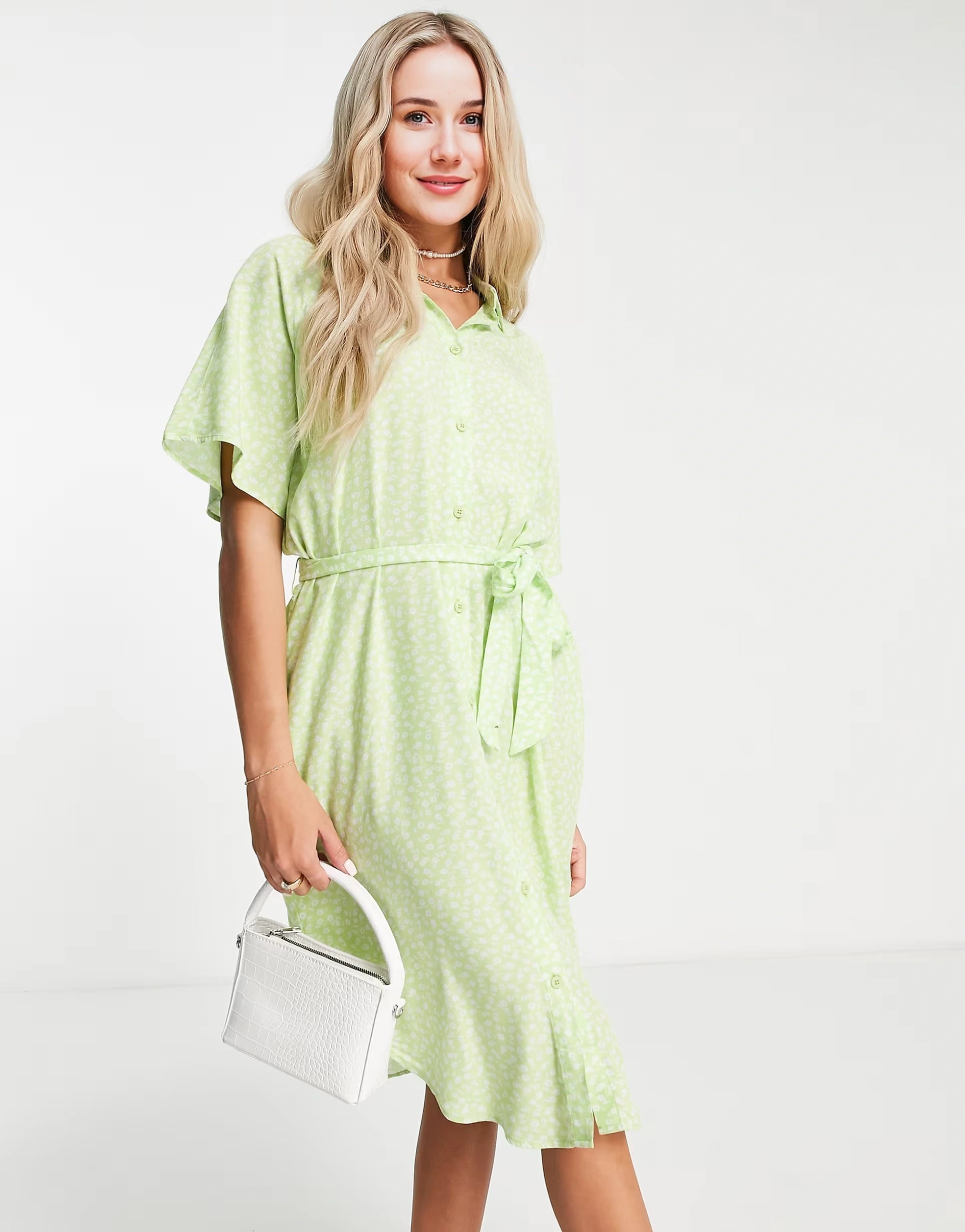 Monki Womens Tie Waist Shirt Dress In Green