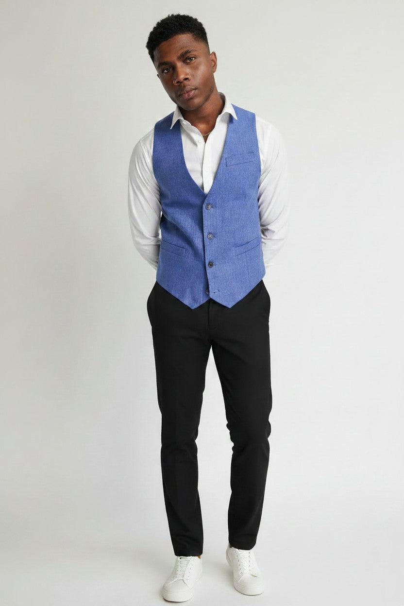 Gianni Feraud Mens Scoop Waistcoat in Blue Herringbone