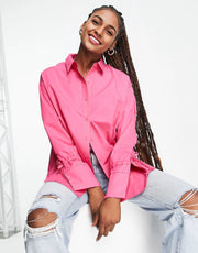 The Frolic Womens Oversized Boyfriend Shirt With Sleeve Tie Detail in Hot Pink
