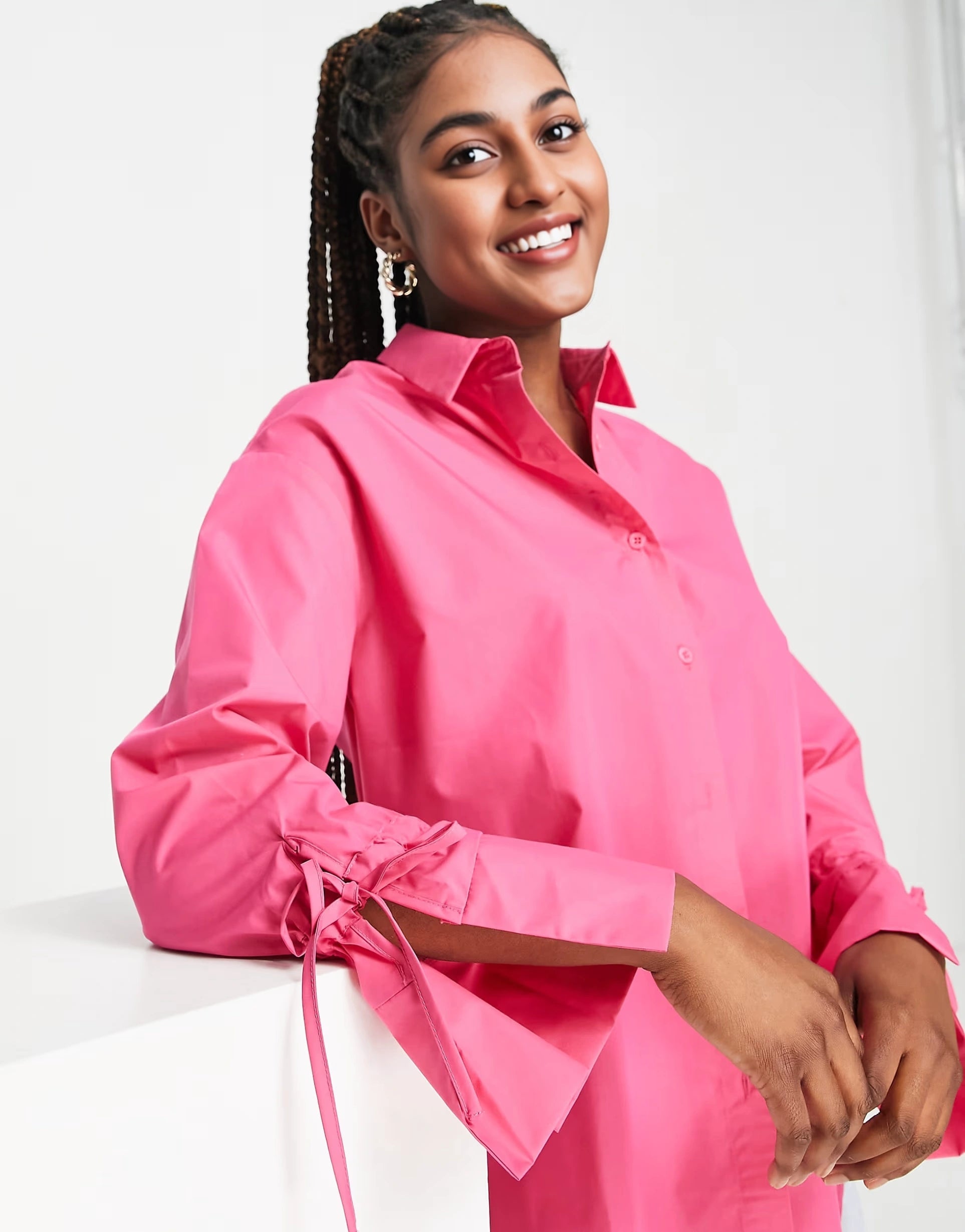 The Frolic Womens Oversized Boyfriend Shirt With Sleeve Tie Detail in Hot Pink