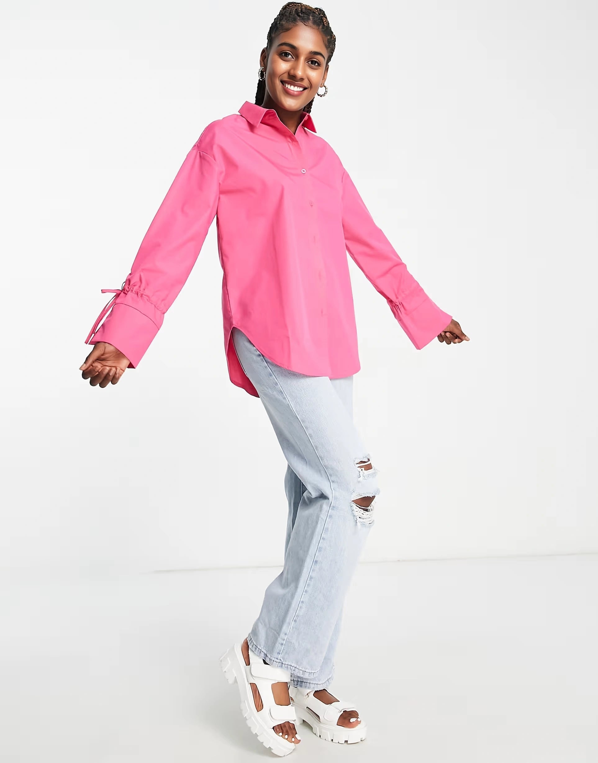 The Frolic Womens Oversized Boyfriend Shirt With Sleeve Tie Detail in Hot Pink
