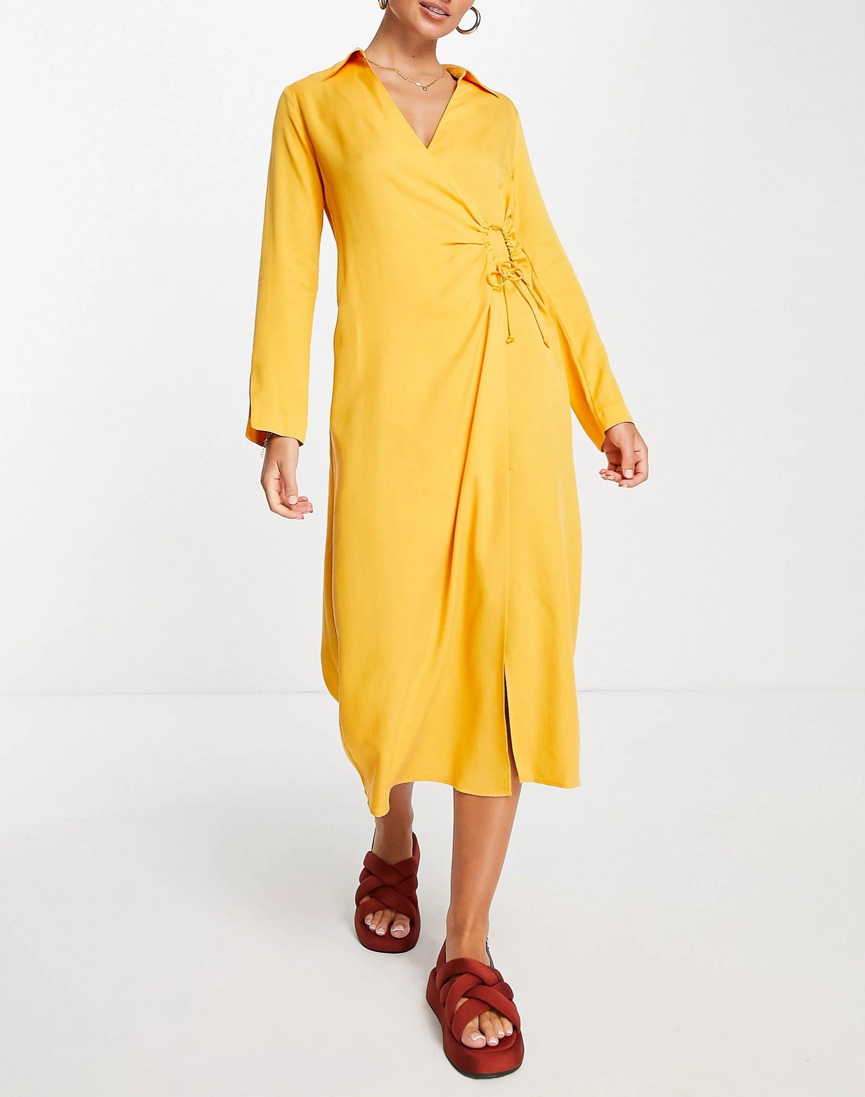 Mango Womens Draped Ruched Front Shirt Dress In Orange