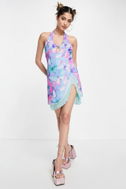 Elsie & Fred Womens Halter Neck Mini Dress With Thigh Split in Retro Butterfly Print